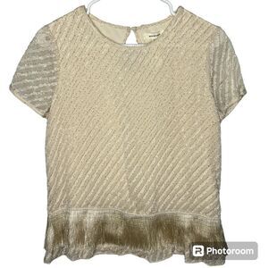 New! Max Studio Fringe White Cream Short Sleeve Blouse Women’s Top Sz XS